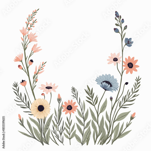 A serene floral arrangement of colorful flowers and lush greenery in a garden setting viewed from a straightforward angle.