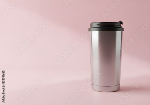 Sleek stainless steel reusable coffee tumbler for eco-conscious on-the-go beverage enjoyment against a soft pink backdrop
