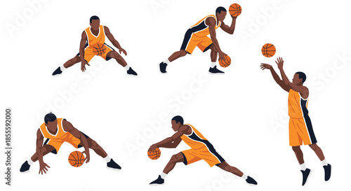 Dynamic Basketball Player Action Poses Vector Set: Dribbling, Shooting, and Defensive Stances for Sports & Training Illustration