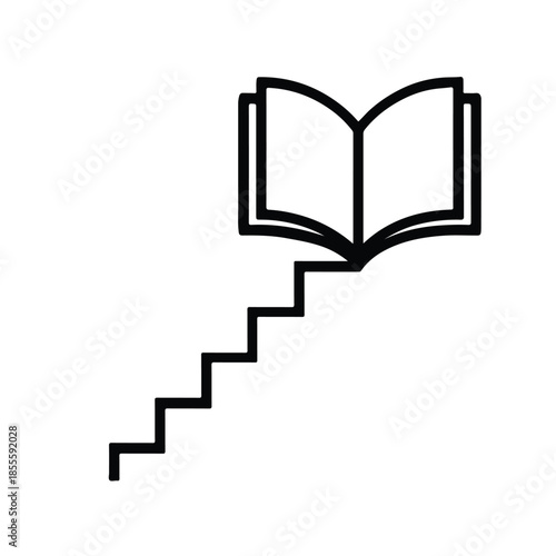Minimal black vector illustration of abstract staircase turning into an open book, symbolizing structured learning journey, white background, flat vector, no text