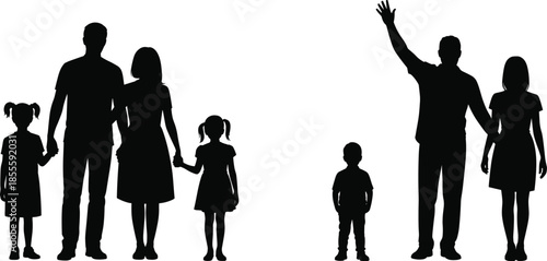Family silhouette parents with children standing and waving, happy family group isolated, black vector illustration on white background