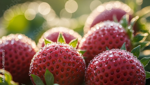 Strawberries with Dew Drops in Sunlight