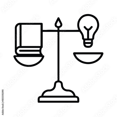 Minimal black vector illustration of balance scale holding book and light bulb, symbolizing logic and creativity in education
