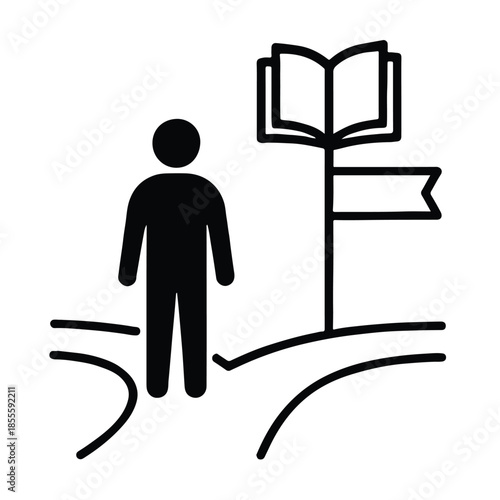 Black line vector illustration of learner standing at crossroads with signposts shaped like books, white background