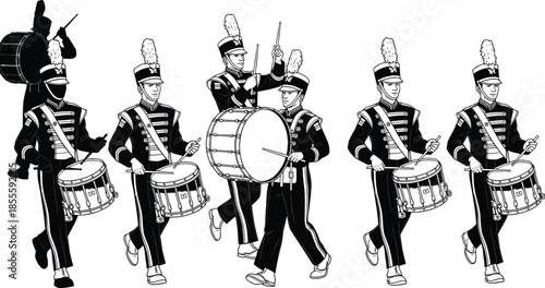 Marching band drummers performing parade music, military style musicians in uniform, rhythmic percussion procession isolated vector illustration