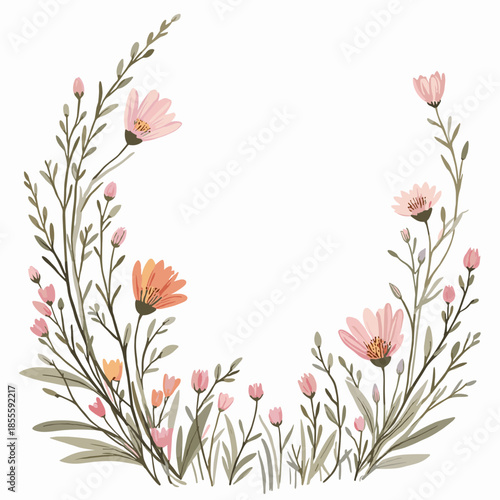 Floral arrangement with pink flowers and green leaves in a circular pattern on a white background
