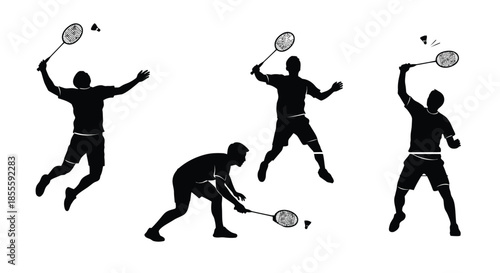 Action-packed vector silhouettes of badminton players showcasing dynamic movements and athletic prowess, perfect for sports design and graphic illustrations