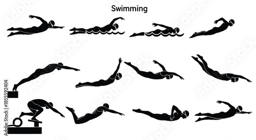Dynamic Swimming Icons Set: Silhouettes of Swimmers Performing Various Strokes, Dives, and Starting Poses on White Background