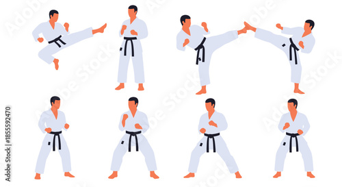 Martial Arts Karate Sports Movement Flat 2D Vector Silhouette Set