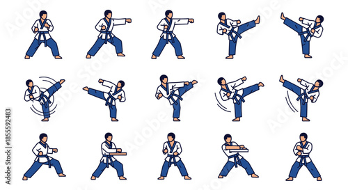 Dynamic Taekwondo Martial Arts Training Poses and Kicks Vector Illustration Set: Athlete in Dobok Performing Stances and Movements