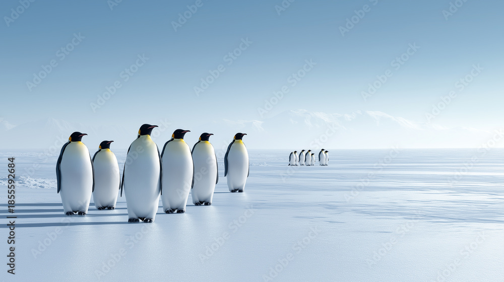 Obraz premium Line of emperor penguins standing together on a snowy Antarctic ice landscape. 