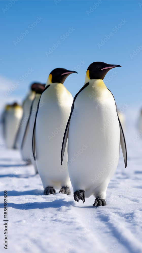Fototapeta premium Group of emperor penguins standing in a line on snowy Antarctic landscape. 
