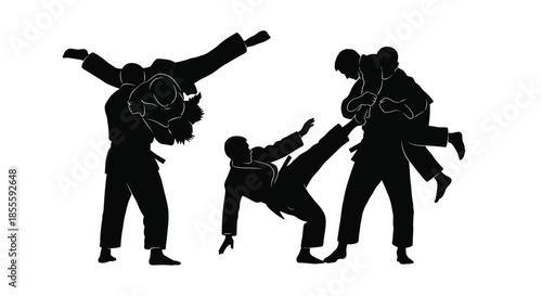 Dynamic Martial Arts Silhouettes: Judo Throws, Grappling, and Kicks in a Clean Vector Style for Combat Sport Concepts