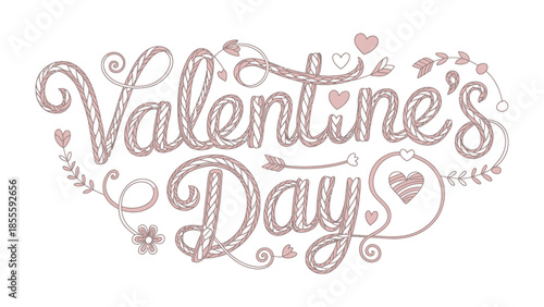 Valentine's Day Calligraphy: Delicate pink lettering artfully spells out Valentine's Day, adorned with heart and floral accents, perfect for evoking sentiments of love and affection.
