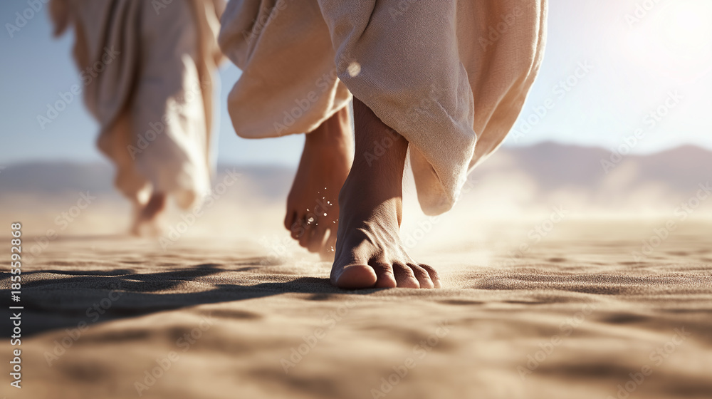 Obraz premium Barefoot person walking across sunlit desert sand with flowing fabric and soft motion. 