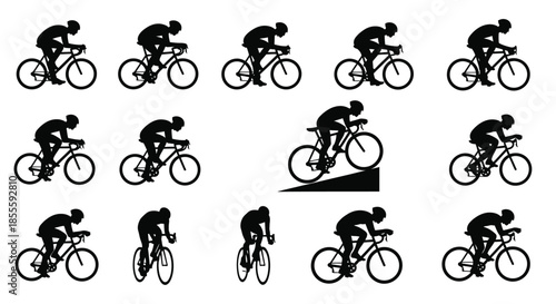 Dynamic Cyclist Silhouettes: Diverse Road Bike Rider Poses for Sports and Fitness Design Elements