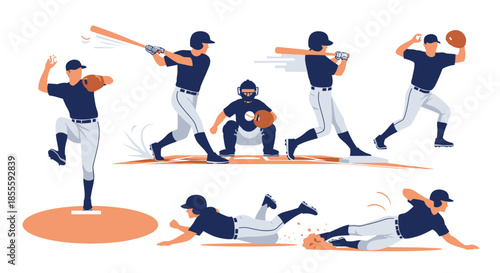 Dynamic Baseball Player Actions Vector Illustration Set: Pitching, Batting, Catching, Fielding, and Sliding Poses