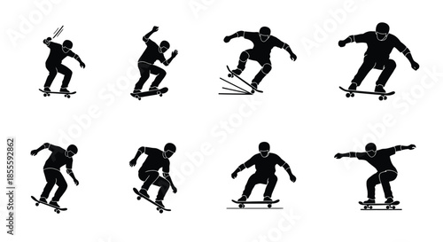 Skateboarder Silhouettes Vector Set: Dynamic Poses and Tricks for Sports and Action Graphics