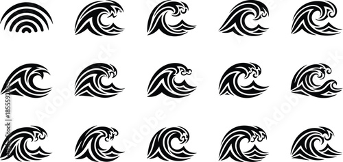 Black tribal ocean waves and nautical vector symbols with abstract curved lines for surfing apparel and tattoo art projects.