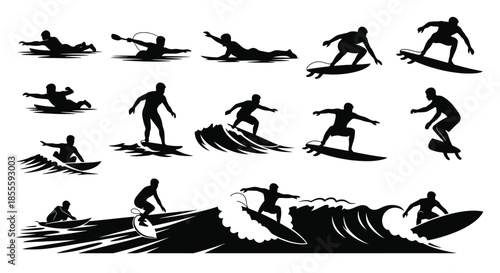 Dynamic Surfing Silhouettes Collection: Vector Set of Surfers Riding Waves and Paddling in Various Action Poses, Isolated on White Background