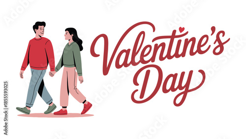 Valentine's Day Stroll: A couple shares a tender moment on Valentine's Day. They walk together hand-in-hand in this romantic cartoon.