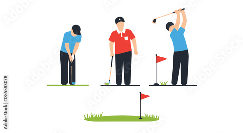 Vector Illustration of Golf Players in Action: Putting, Swinging, and Standing with Club on Course, Flat Design Style