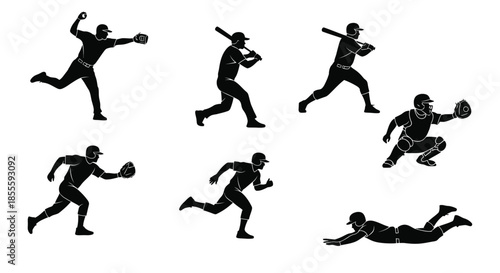 Dynamic Baseball Player Silhouettes Set: Pitching, Batting, Catching, Running, and Diving Action Poses on White Background