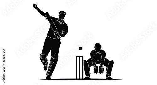 Dynamic Cricket Match Action Silhouette: Bowler Delivering Ball to Wicketkeeper Behind Stumps, Sport Game Illustration Icon