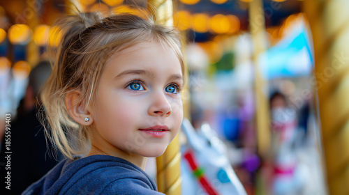Wallpaper Mural A joyful child smiling while riding a carousel at a colorful amusement park.
 Torontodigital.ca