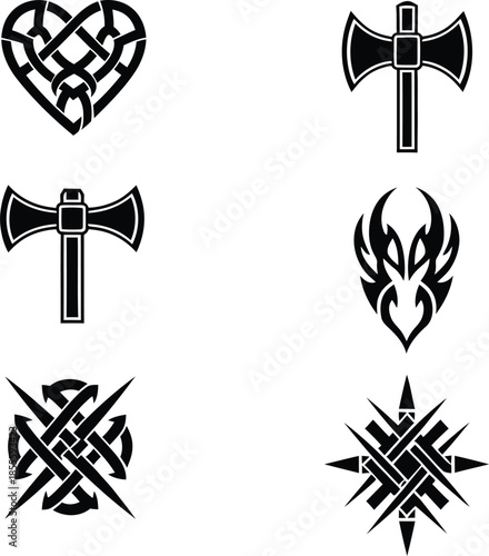 Gothic nordic axe and celtic heart tribal vector icons with sharp geometric symbols for modern branding and streetwear apparel.