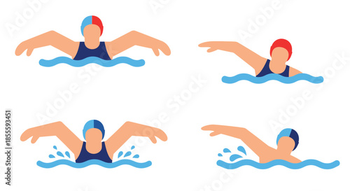 Dynamic Flat Design Swimmers Icon Set Featuring Butterfly and Freestyle Strokes in Water