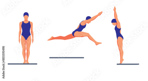 Female Diver Action Sequence: Standing, Mid-Air Leap, and Vertical Entry Poses Illustration