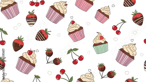 A delightful seamless pattern featuring hand-drawn cupcakes, chocolate-dipped strawberries, and juicy cherries on a clean white background.