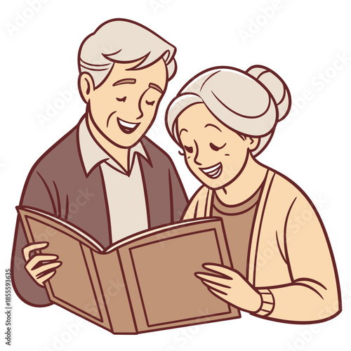 Elderly couple smiling while looking at old album together