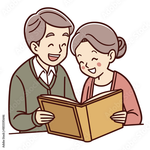 Elderly couple smiling while looking at old book together