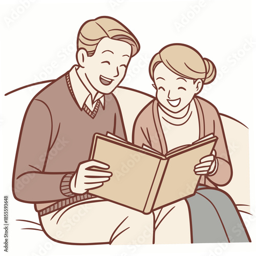 Elderly couple smiling while looking at old album together 1