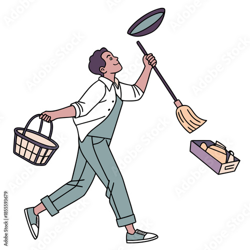 Man juggling household while trying to multitask household broom