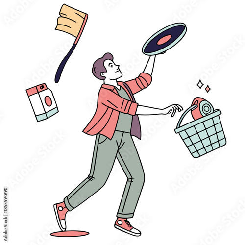 Man juggling household while multitasking household multitasking