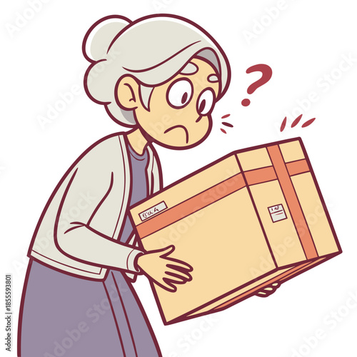 Elderly woman holding large package with suspicious expression