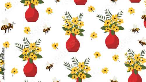A charming seamless pattern featuring red vases filled with bright yellow flowers and busy bees flying around on a clean white background.