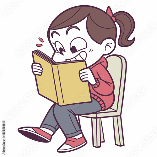 Girl sitting on chair hiding phone in book cartoon