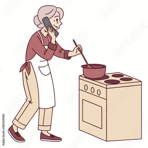 Elderly woman talking on phone while stirring pot on stove