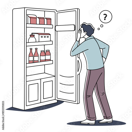 Man checking fridge with puzzled expression refrigerator