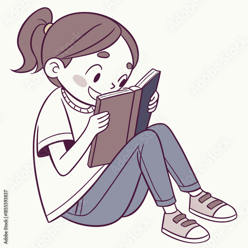 Girl sitting on floor reading book with phone hidden