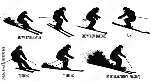 Skiing Techniques Diagram: Down Carve, Snowplow, Jump, Turn, and Braking Silhouettes for Winter Sports Instruction and Skill Development