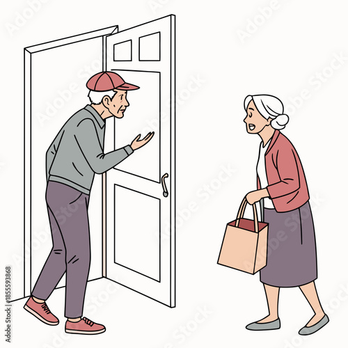 Elderly man and woman arguing beside open doorway elderly couple