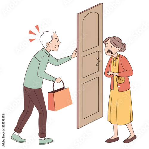 Elderly man and woman arguing beside open doorway with shopping bag