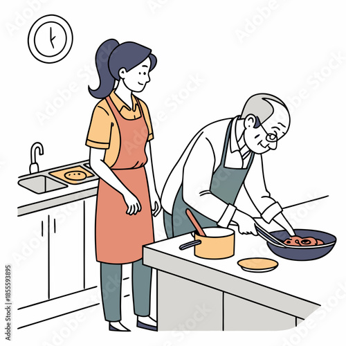 Elderly man cooking in kitchen with woman standing beside him