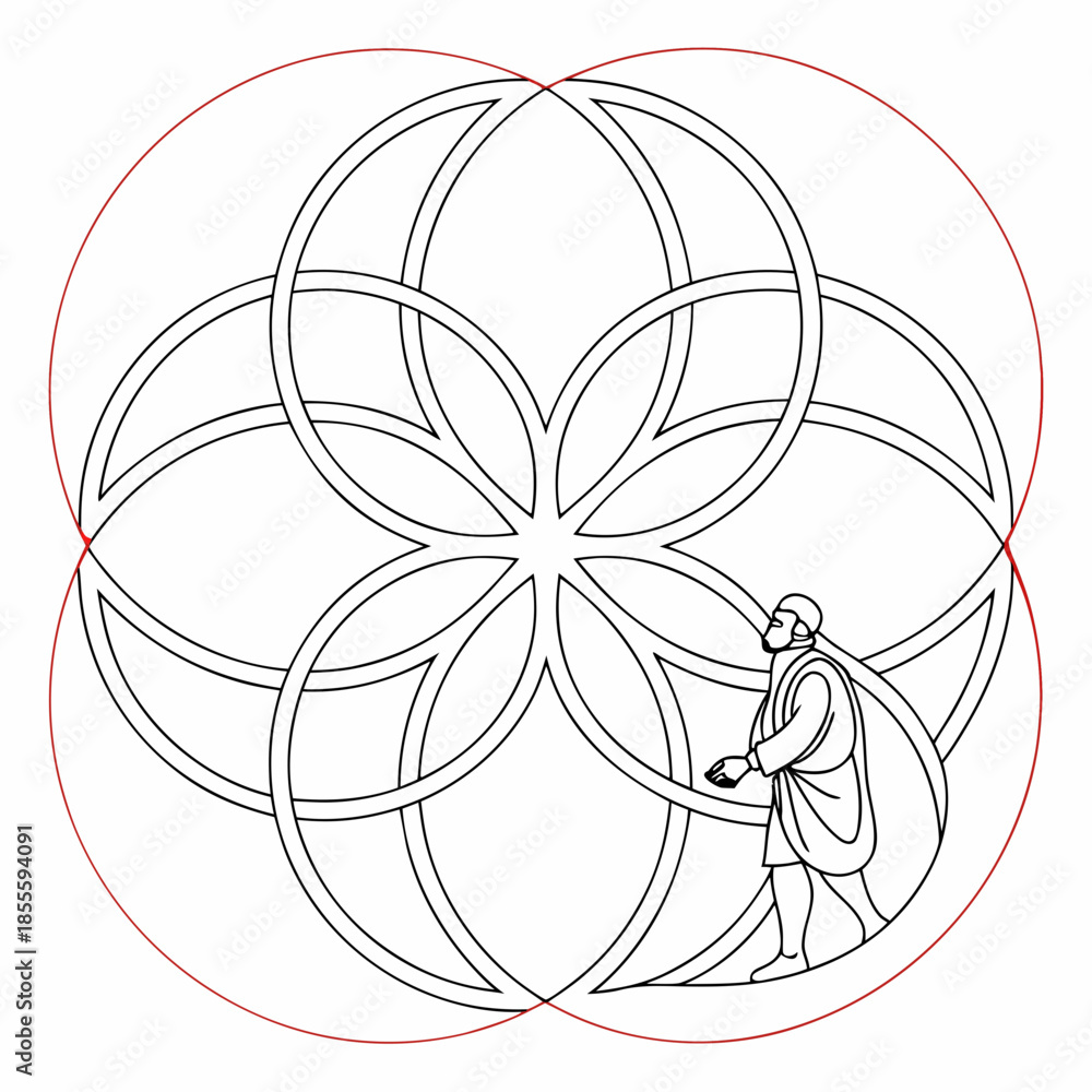 Fototapeta premium Intersecting arches forming abstract spiritual shape with figure