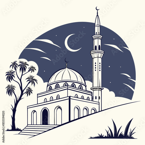 Minimalist urban mosque silhouette at dusk with palm tree